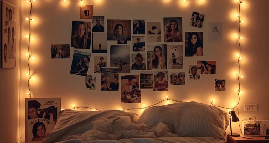 A cozy college dorm room with a photo wall collage above the bed