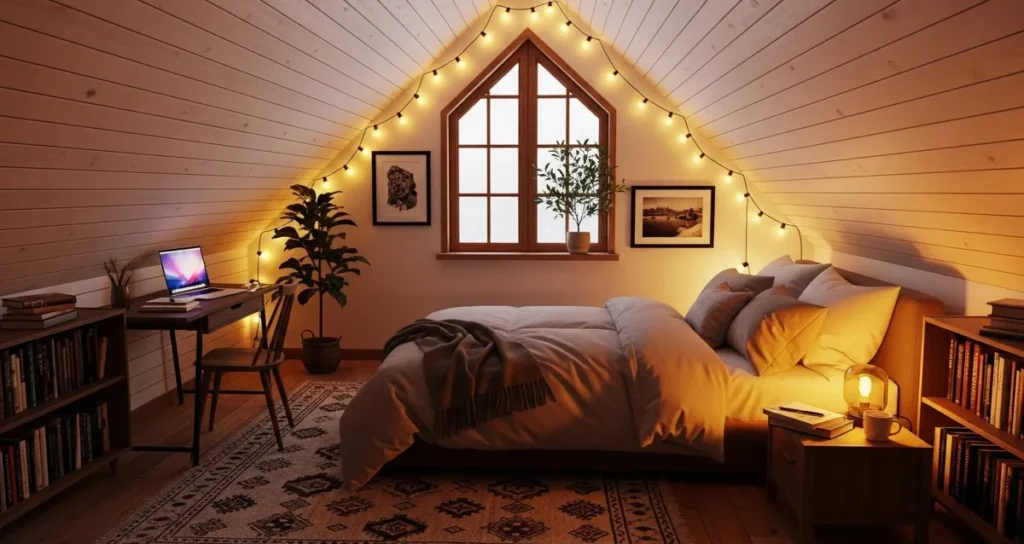 Aesthetic dorm room with warm lighting