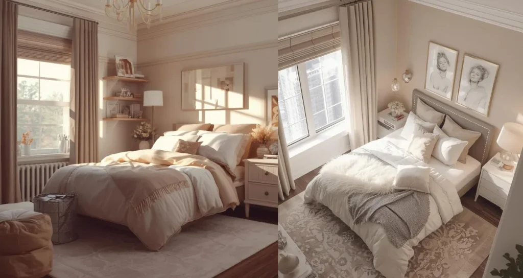 Classy girls dorm room with neutral tones