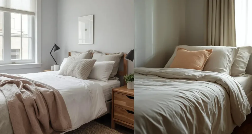 College dorm room bed for guys with neutral bedding