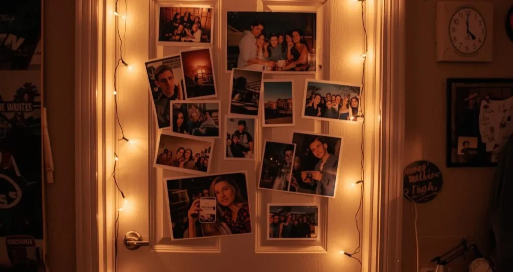 College dorm room door decorated with photo collage and small fairy lights
