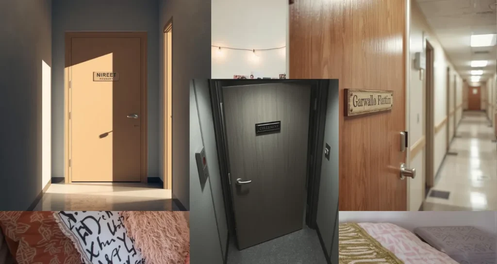 College dorm room door with a personalized name sign