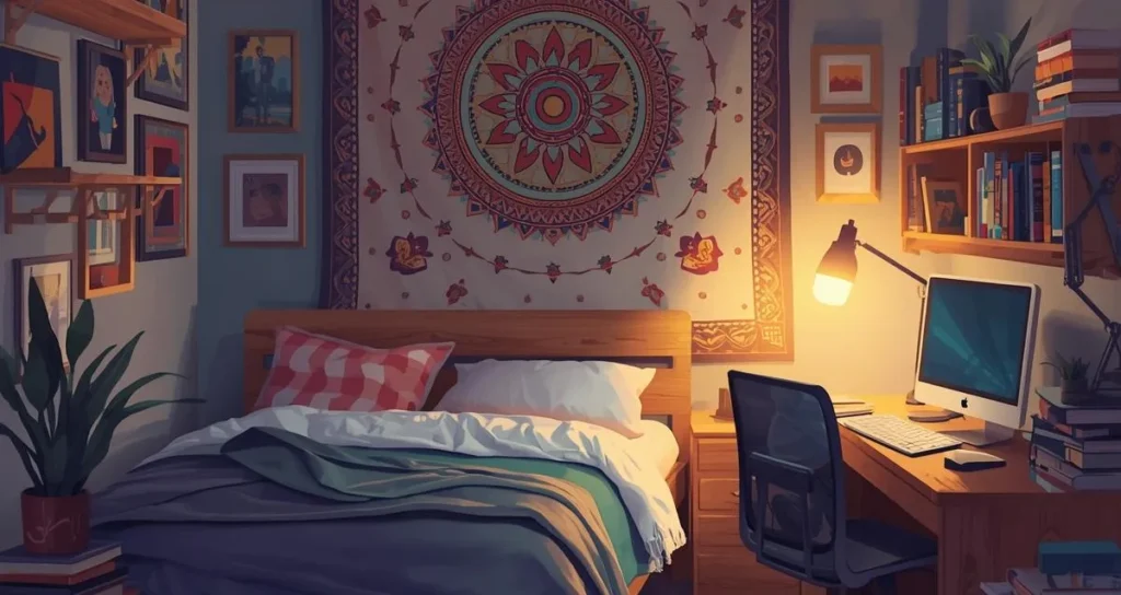 College dorm room with a boho tapestry wall decor behind the bed