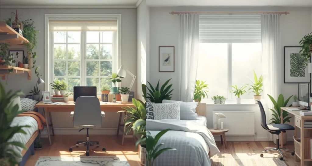 College dorm room with small indoor plants