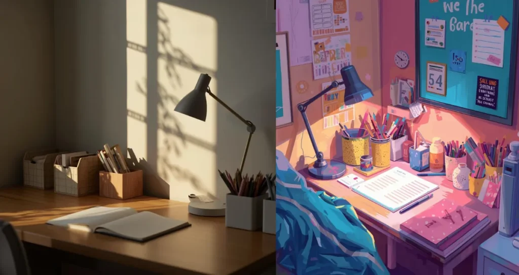 College dorm study desk with minimalist decor