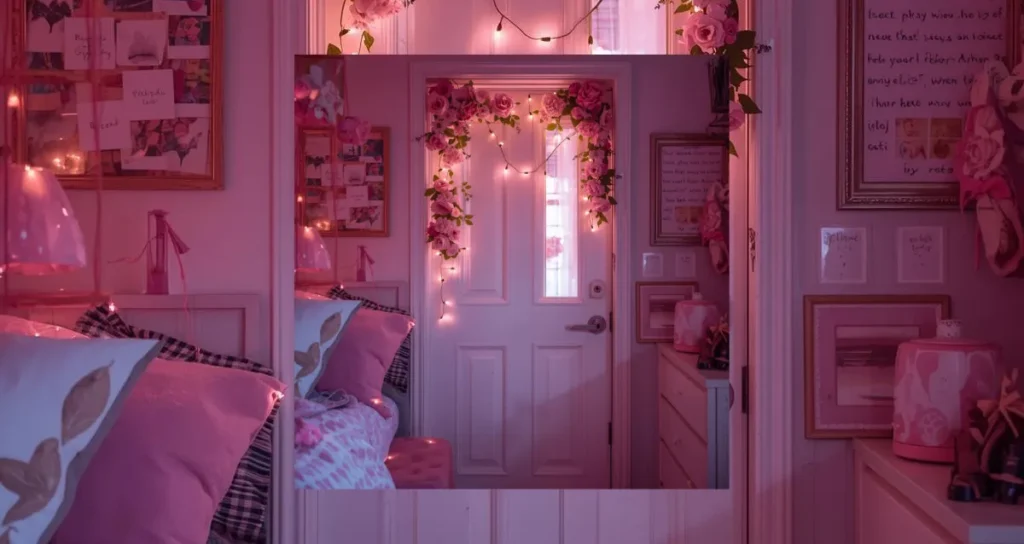 Cute aesthetic dorm room door decor with pastel colors, flowers