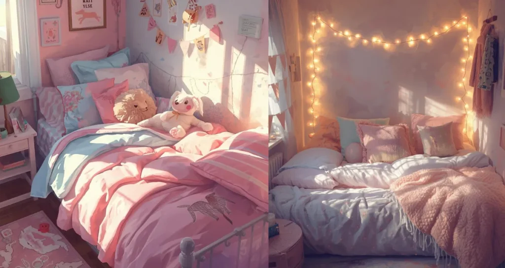 Cute dorm room bed for girls with pastel bedding