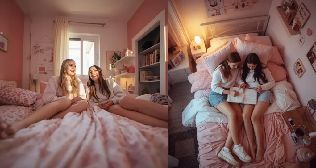 Cute girls college dorm room with pastel pink and white color scheme