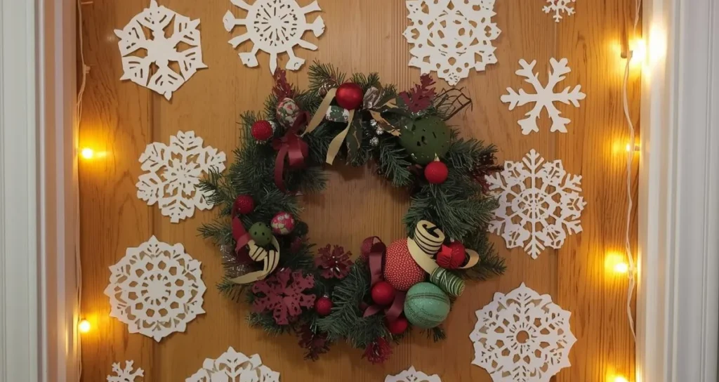 DIY Christmas dorm room door decoration using paper snowflakes and handmade wreath