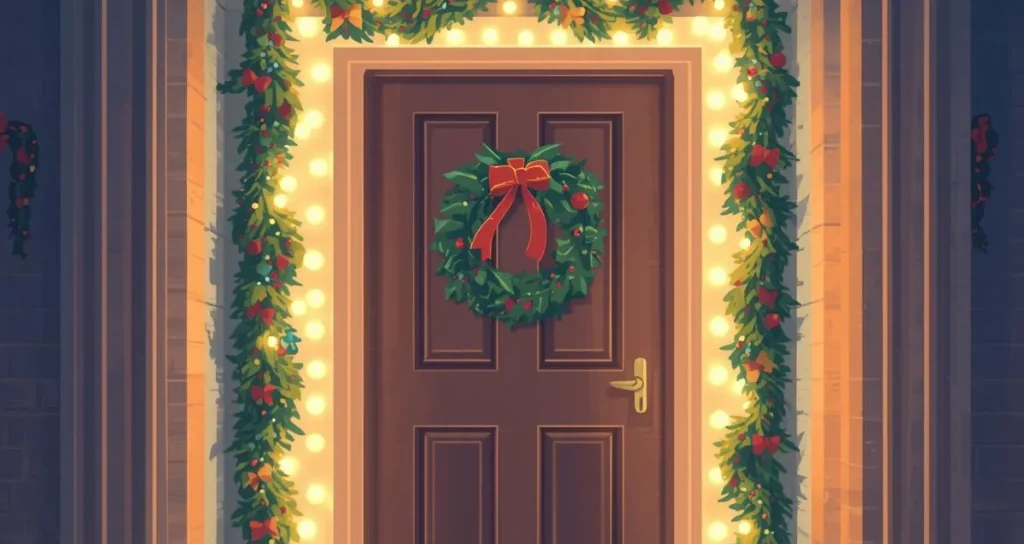 Dorm room door decorated for Christmas with wreath