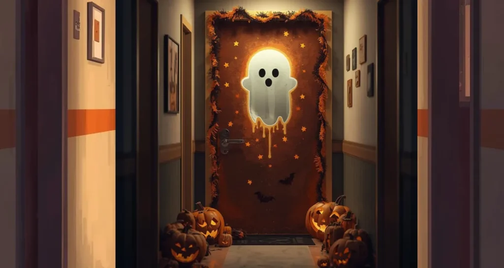 Dorm room door decorated for Halloween with cute ghost theme