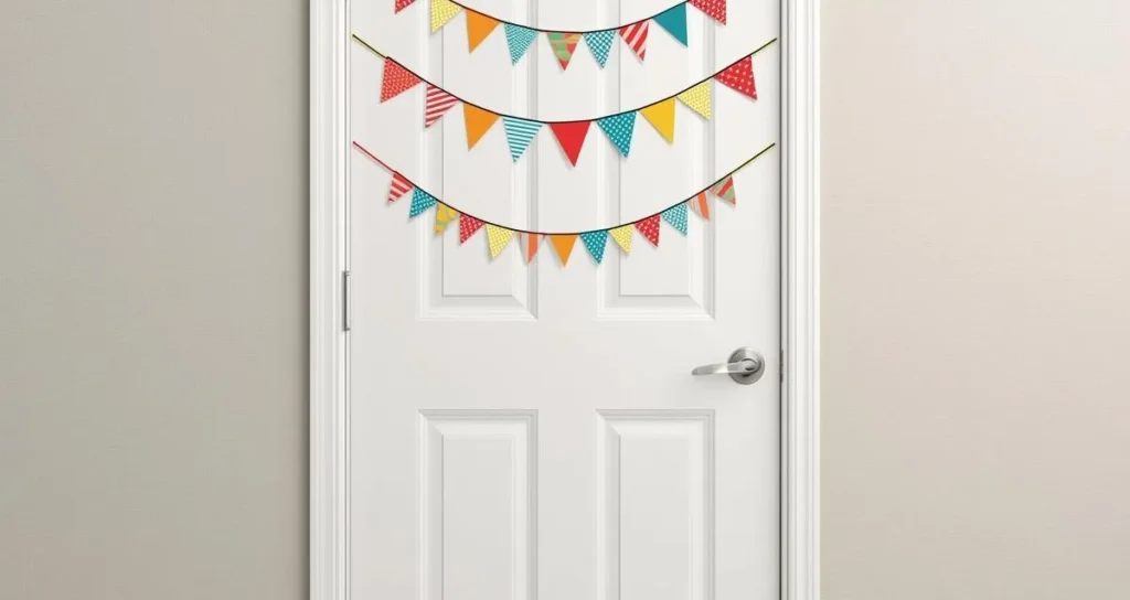Dorm room door decorated with triangle banner garlands