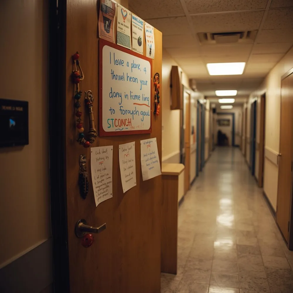 Dorm room door with whiteboard message decor