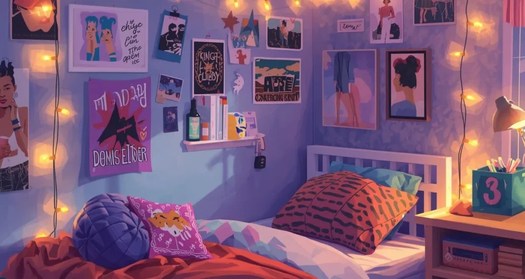 Dorm room wall decorated with warm fairy lights and photo clips