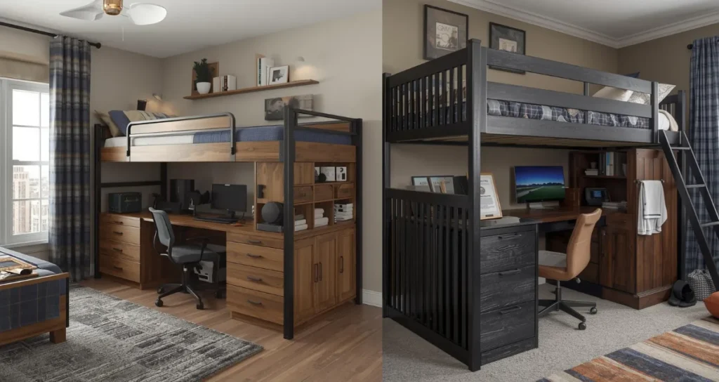 Dorm room with raised bed for guys