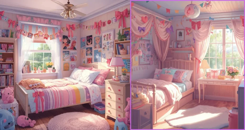 Girls dorm room decorated with ribbons