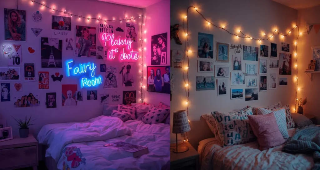 Girls dorm room wall decor with photo collage