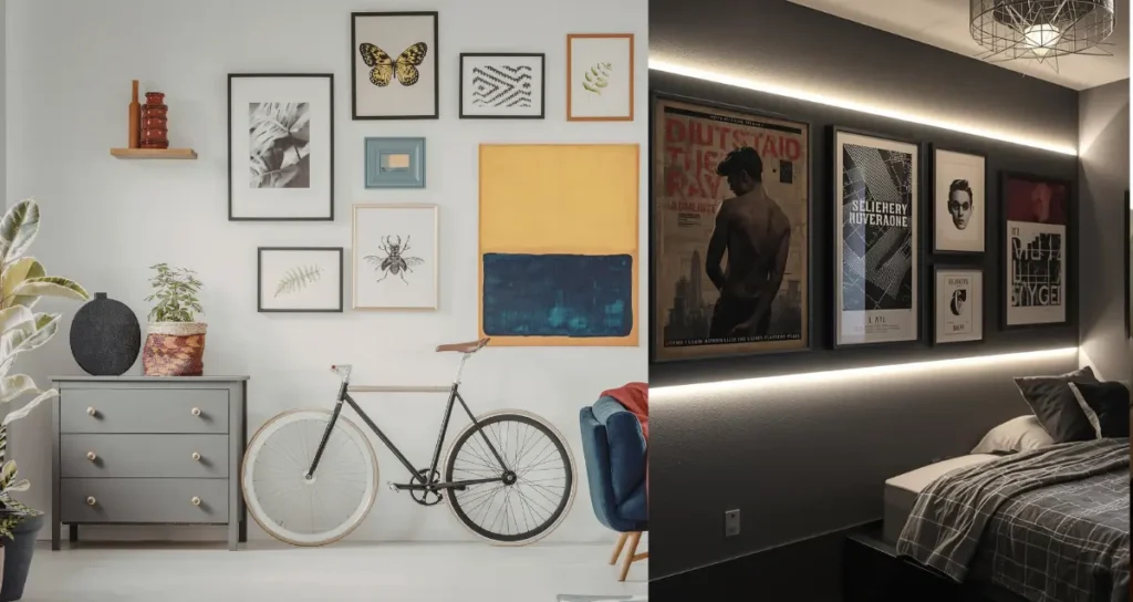 Guys dorm room wall decor with posters