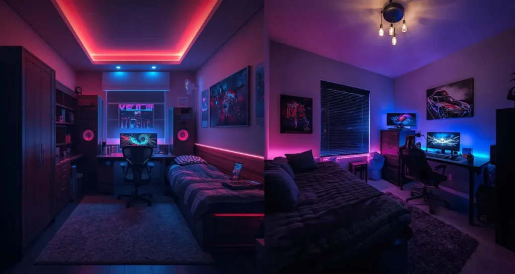 Guys dorm room with LED strip lights