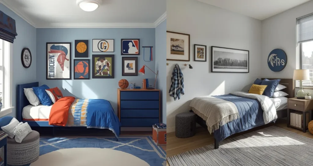 Men’s dorm room decor with sports theme