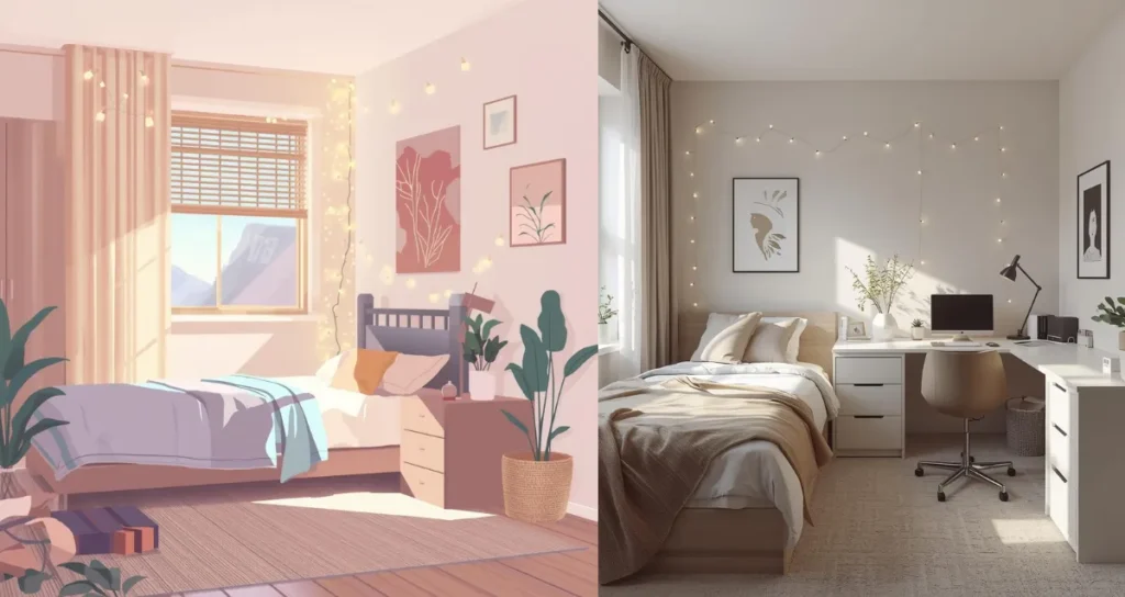 Modern college dorm room with neutral color palette