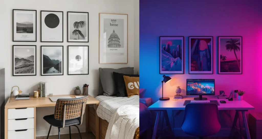 Modern dorm room wall decor featuring aesthetic posters arranged neatly above a study desk