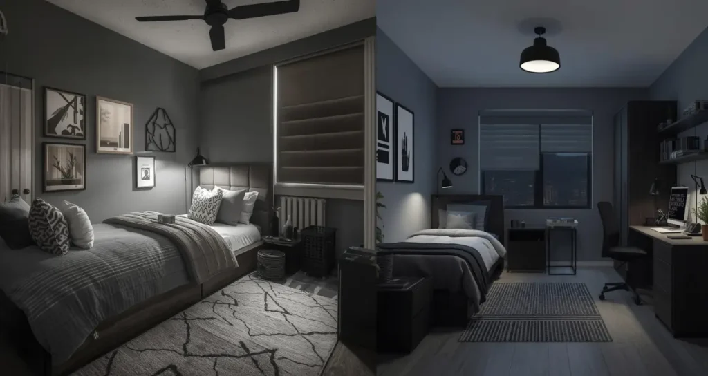 Modern guys dorm room with gray and black color scheme