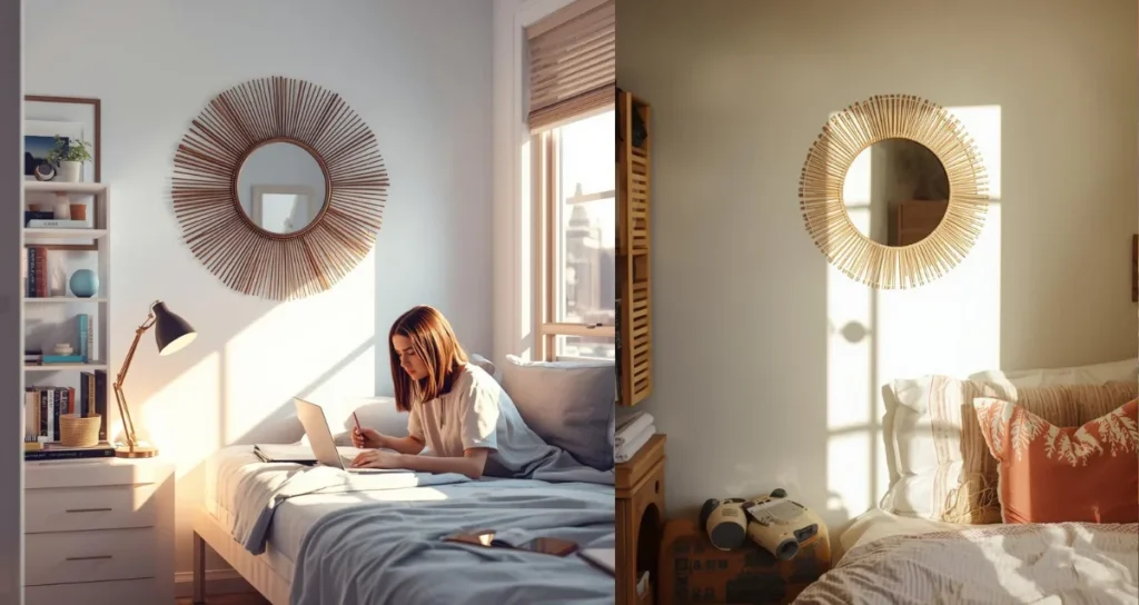 Small college dorm room with a decorative wall mirror
