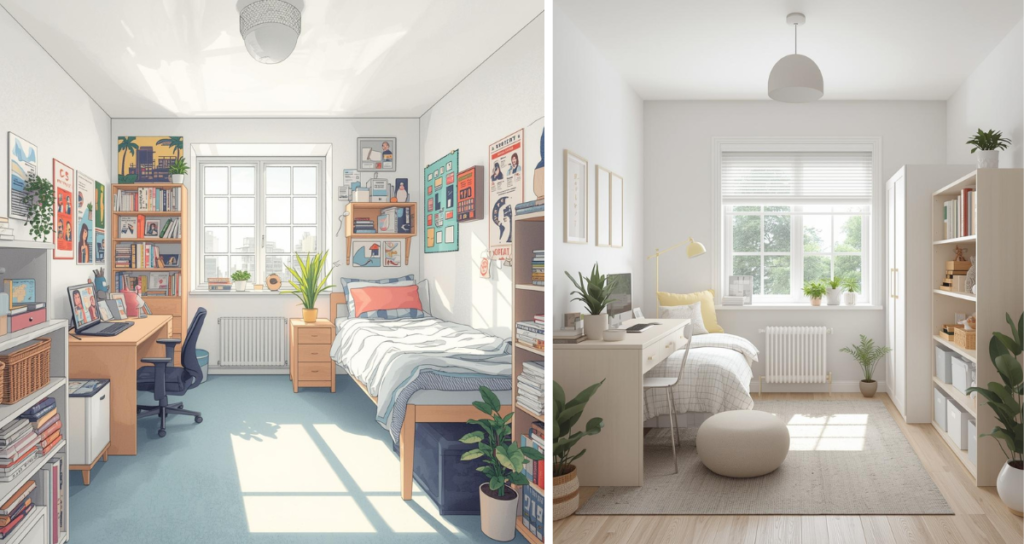 Small dorm room with light color palette