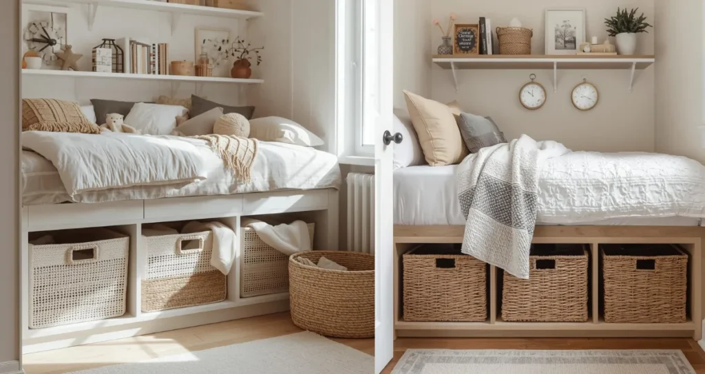 Small dorm room with smart storage solutions