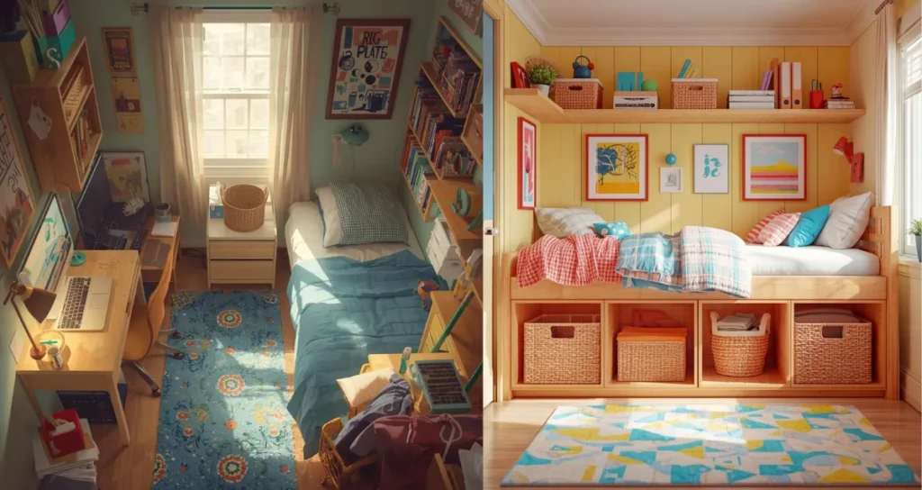 Small dorm room with under-bed storage